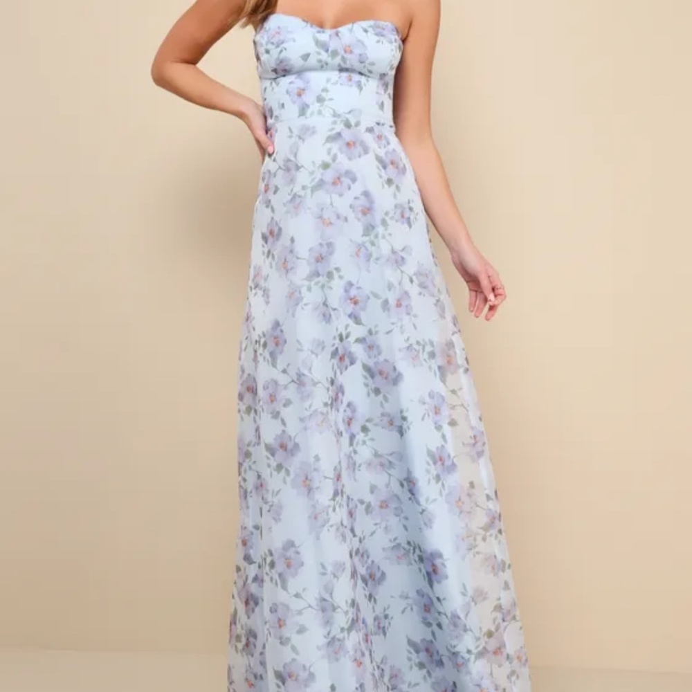 Lulus Chic Preciousness Light Blue Floral Organza Bustier Maxi Dress - Size L